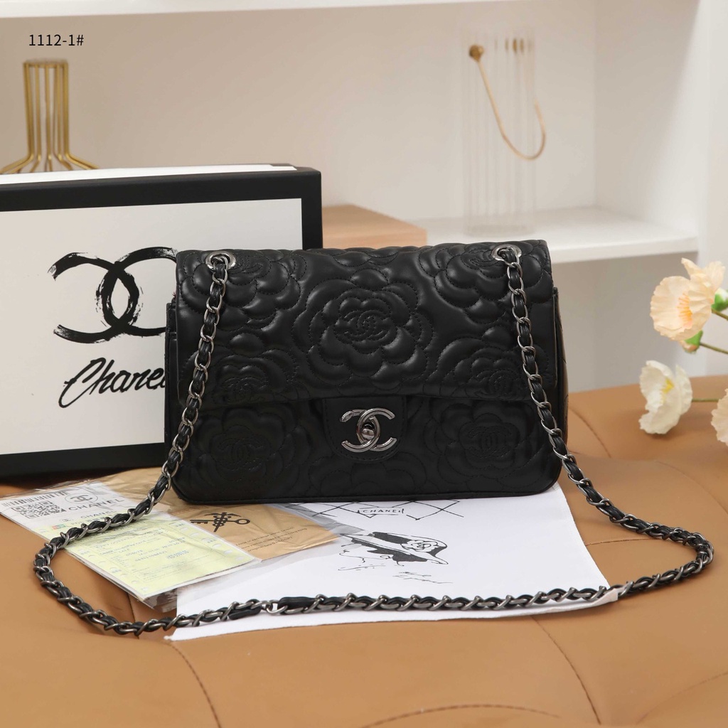 Ch Black Camellia-1112-1 Embossed Lambskin Classic Medium Double Flap Bag in Black-Silver