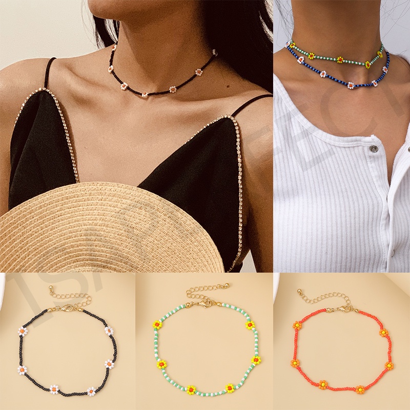 Gaya BoHo Retro Warna-warni Manik-manik Kalung Kreatif Beras Bead Woven Bunga Geometris Kalung Kecil Segar Rantai Klavikula Fashion Perhiasan