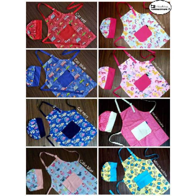 Celemek anak apron anak  &amp; topi koki motip karakter