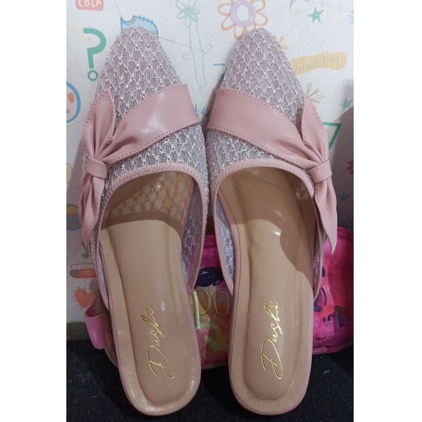 Juragan Onlen - DELIA Flats Sepatu Slip On Wanita Flat Shoes Fashion Bahan Jala Brukat Payet Sandal Mules Pita Cantik-Pink