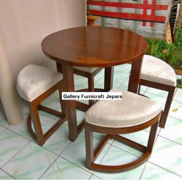 Meja Makan Minimalis Bulat 4 Kursi Kayu Jati Natural Finish