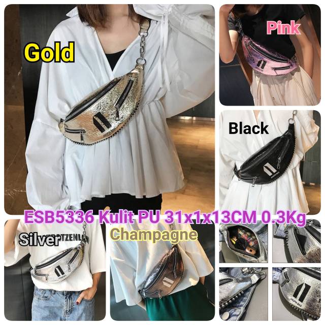 ESB5336 Tas Batam Import Waist Bag Wanita Metalic Jingpin Zipper Tali Rantai Metal Small Ball