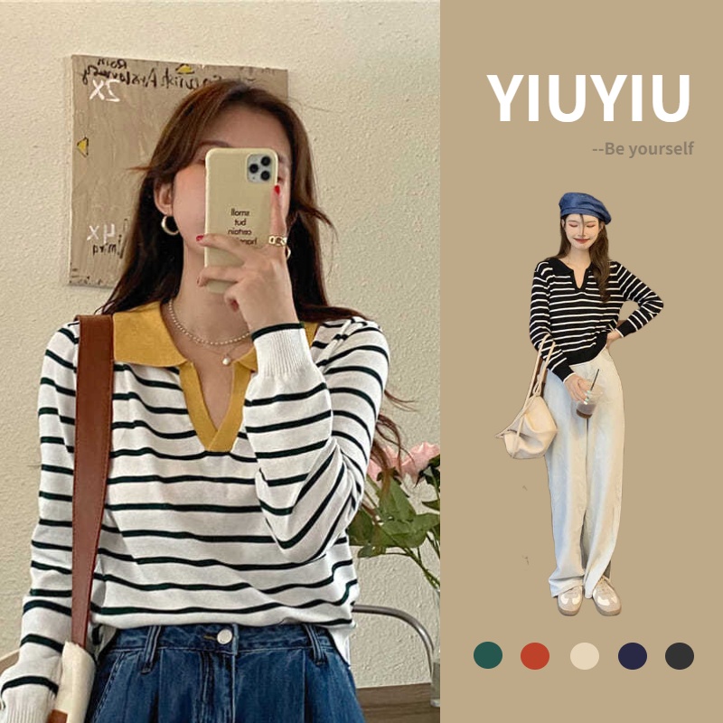 YIU YIU Rajut - Polo Shirt Rajut Premium Stripe Crop Top Lengan Panjang Wanita Korea