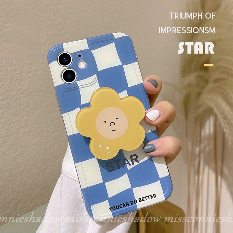 Blue Checkerboard Flower Stand Phone Case For iPhone 12 11 Pro Max XS MAX XR 7 8 6 6s Plus 7Plus SE 2020 Anti-fall Protective Cover