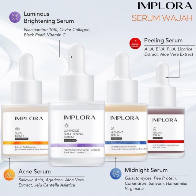 CUCI GUDANG Implora Face Serum 20 ml / Luminous Brightening Serum / Acne Serum / Midnight Serum/ Peeling Serum BPOM