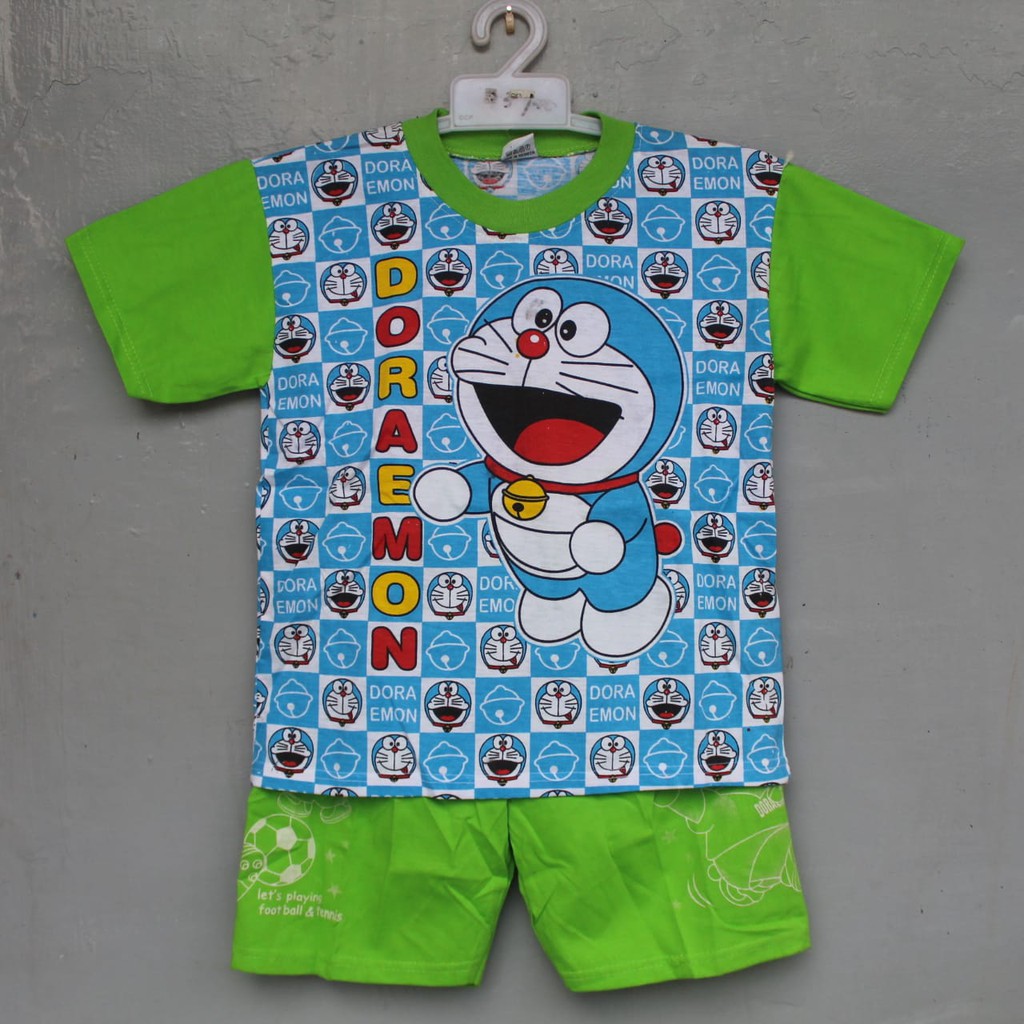 stelan baju kaos celana doraemon sablon print size 4-20