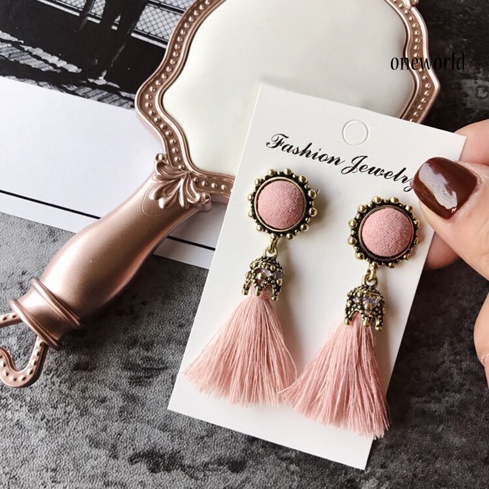 OW@ Ethnic Women Long Tassel Dangle Drop Stud Earrings Valentine's Day Gift Jewelry