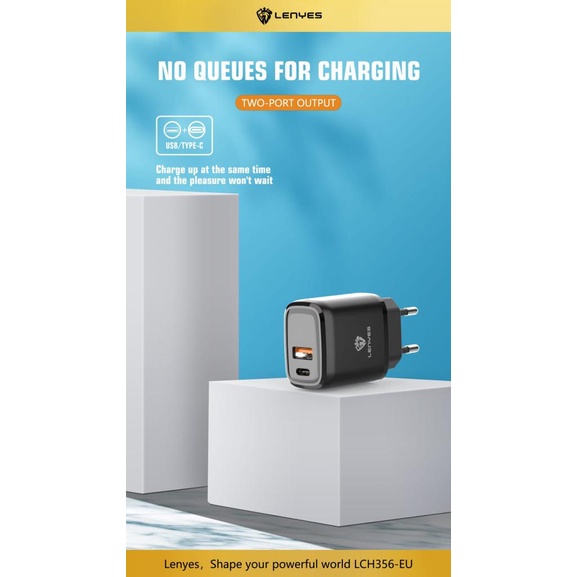 LENYES LCH356EU 2.4A USB + Type C Adaptor Charger Hp + Kabel Casan Handphone Android Ios Original-1