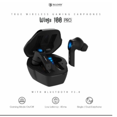 Earphone gaming sades bluetooth 5.0 Tws True wireless tap control wings 100 pro wings100 - in ear