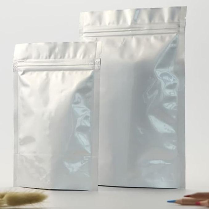 KEMASAN POUCH 9x13 100gr ZIPPER ZIPLOCK STAND UP ALUMUNIUM SILVER