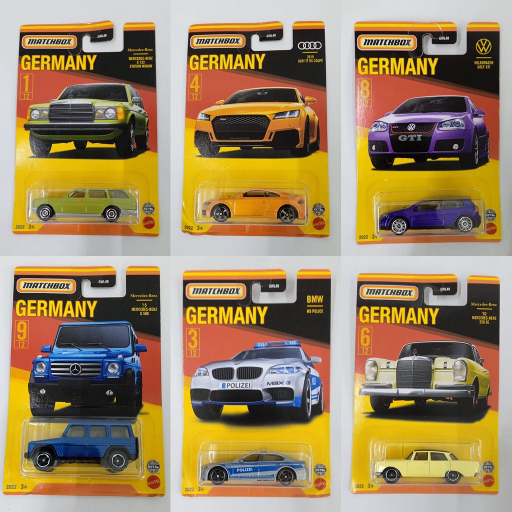 Matchbox Germany SET | 62 Mercedes Benz 220 SE | 15 Mercedes-Benz G 500 | BMW M5 POLICE CAR | VOLKSWAGEN GOLF GTI VW | 2019 AUDI TT RS COUPE |  S123 STATION WAGON | Hijau Ungu Orange Kuning Polizei Biru