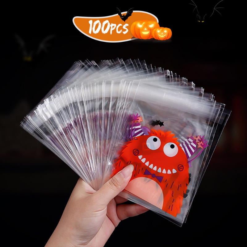 100 Pcs Kantong Kemasan Kue / Permen Motif Kartun Halloween Untuk Anak