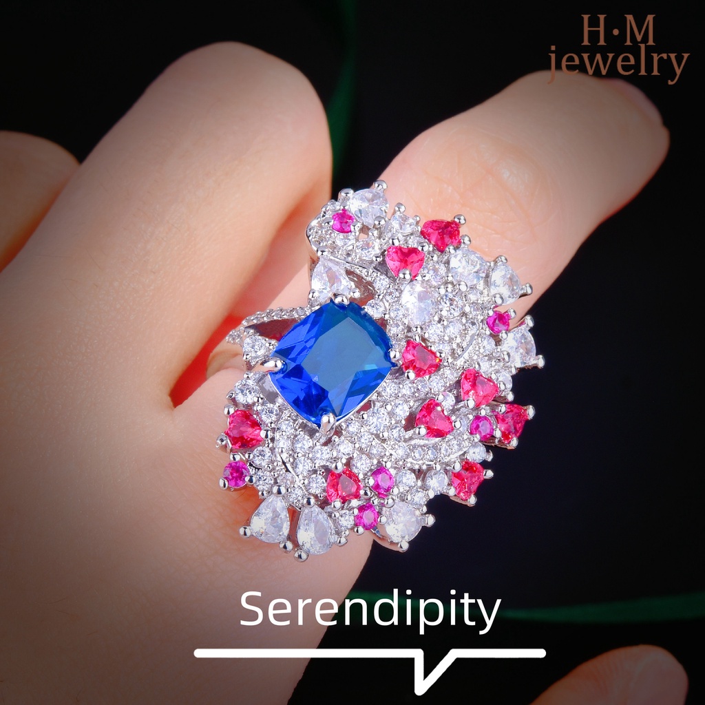Cincin Model Terbuka Bentuk Bunga Hati Aksen Berlian Tanzanite