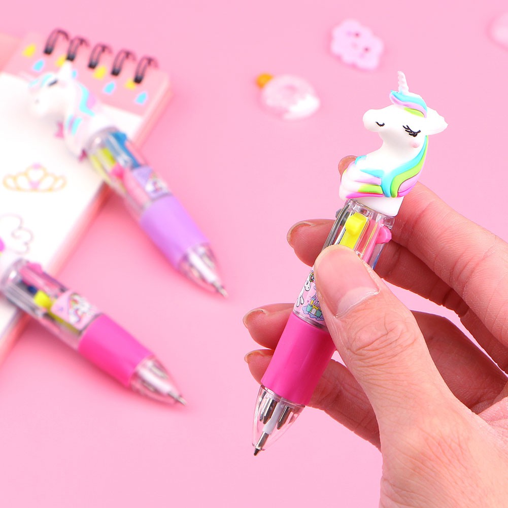 (Hot Sale) Alat Tulis Kantor Sekolah Pena Ballpoint Silikon Kartun Unicorn Mini 4 Warna