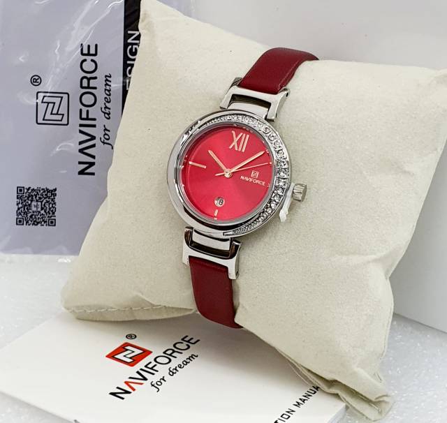 Jam Tangan Wanita Naviforce Original Tali Kulit Tanggal Aktif