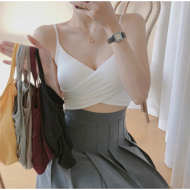 Tanktop 23 tank top cross twist pakaian crop top dalaman wanita korea v neck atasan cewek-4