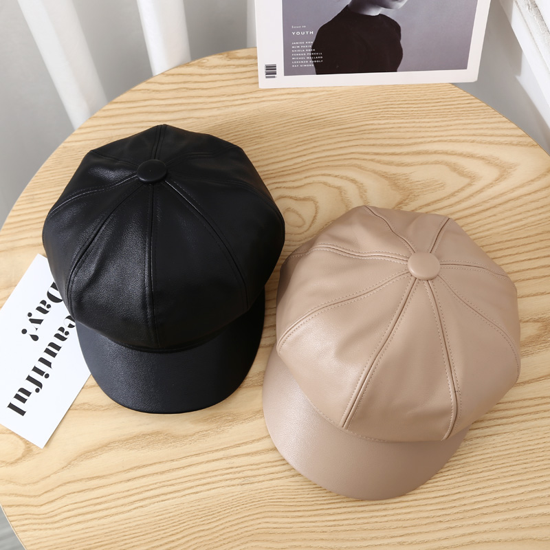 Topi Baret Bentuk Octagonal Bahan Kulit Pu Gaya Retro Korea