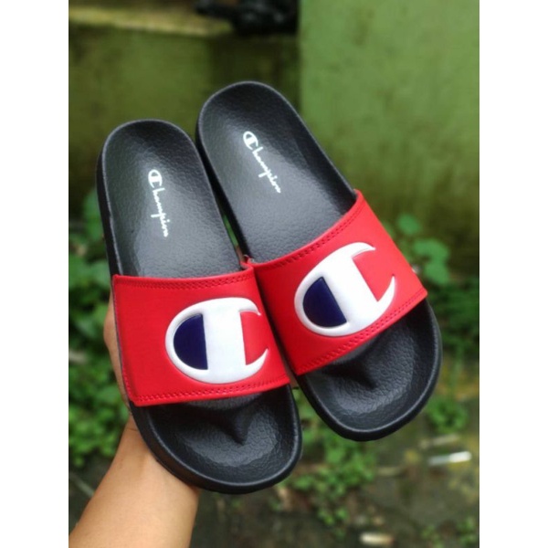 Sandal Champion Logo Slides, Sandal Slop Pria/wanita, Sandal Champion Sport Comport