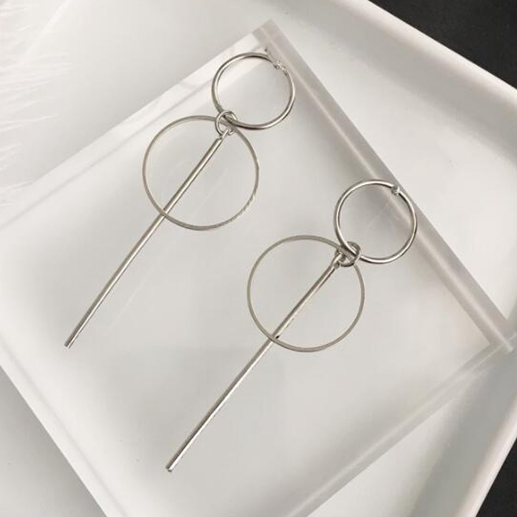 Hu Hu Hu Hu Hu Alat Bantu Pasang Kacamata♡ Anting Stud Tassel Panjang Bentuk Lingkaran Ganda Geometris Bahan Alloy Untuk Wanita