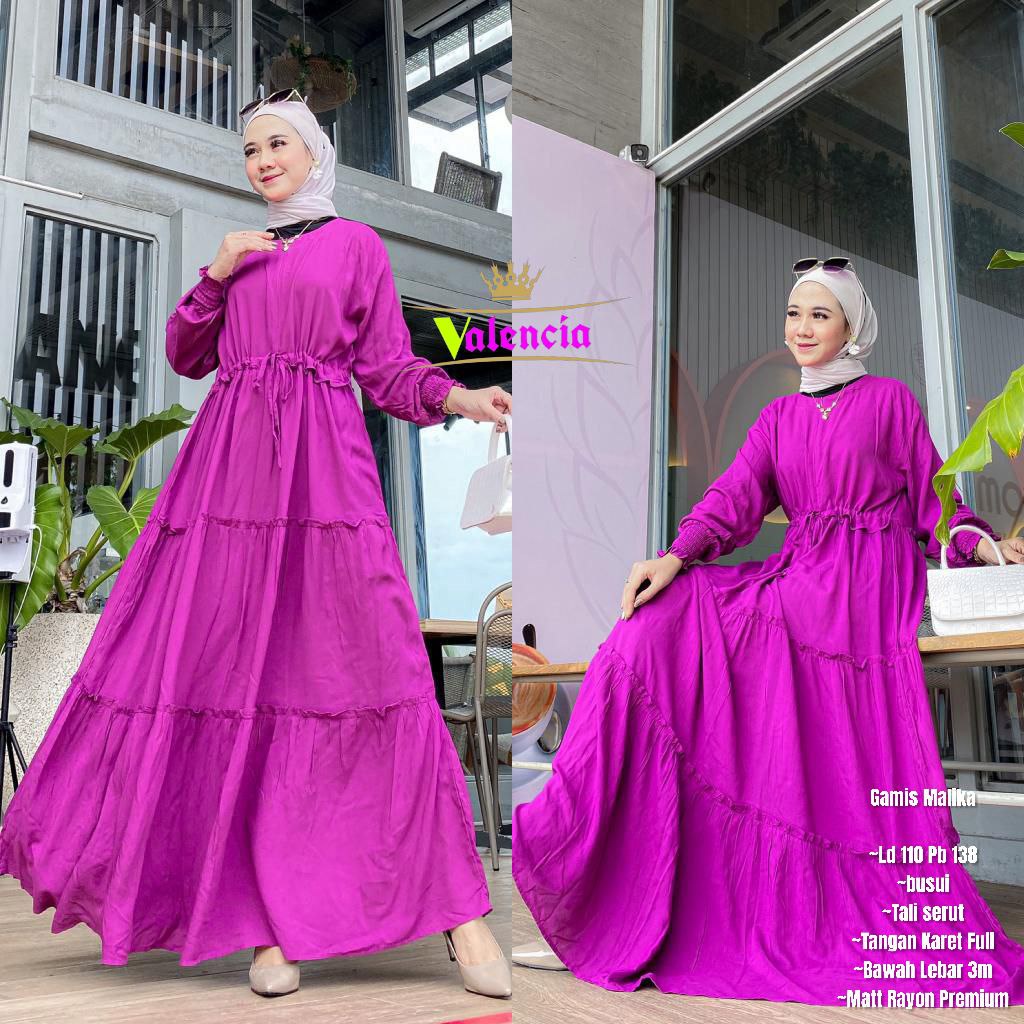 Gamis Susun Malika Polos Rayon Premium Dress Wanita Lengan Panjang Longdress Plain Bigsize LD 110 cm