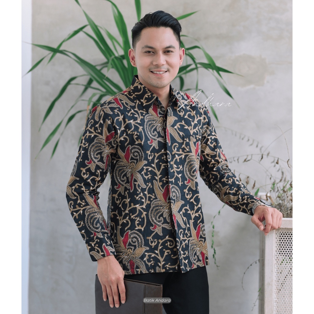 Cabe Hitam Kemeja Batik Pria Lengan Panjang Modern Jumbo Kasual Slim Fit