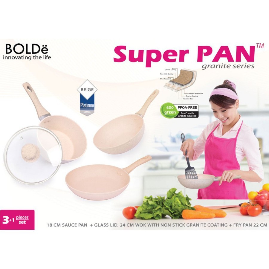 BOLDe Super PAN Granite 3+1 pcs set BEIGE Panci Keramik Anti Lengket Teflon