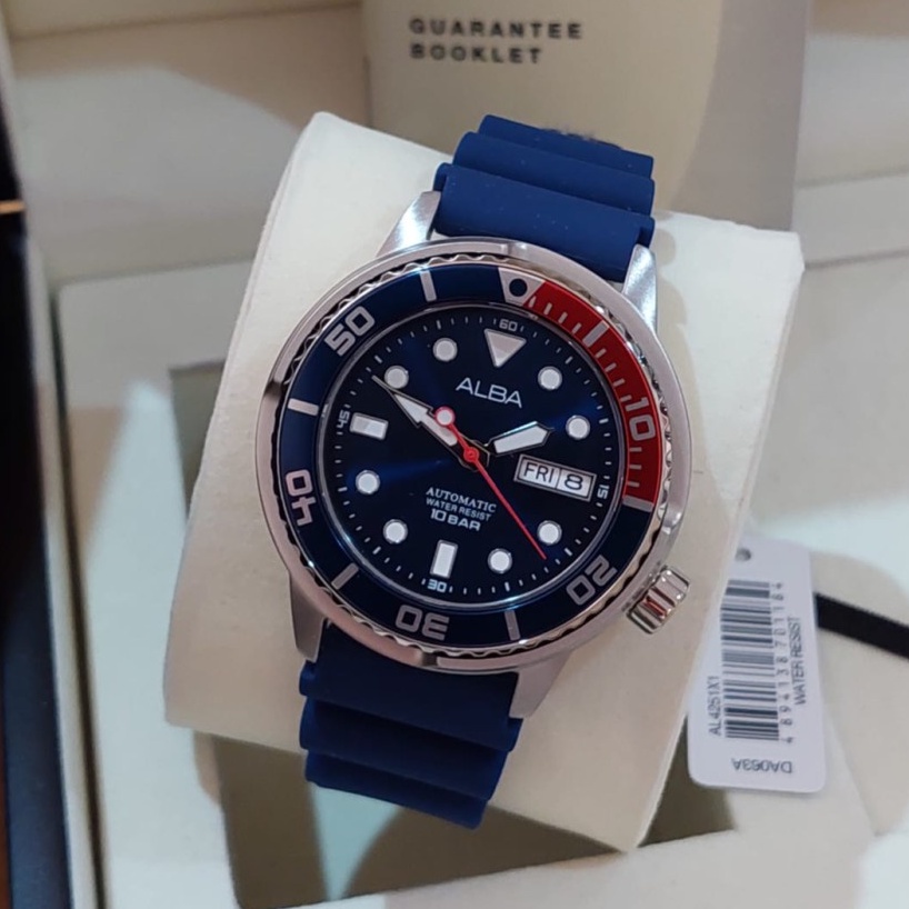 JAM TANGAN PRIA ALBA AL4251X1 AL4251 AUTOMATIC SILVER RUBBER BLUE ORIGINAL