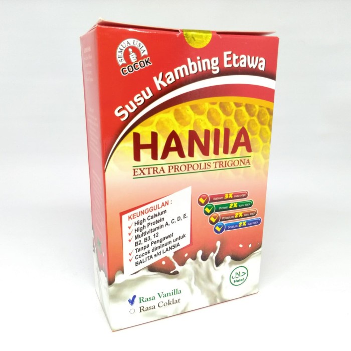 

SUSU KAMBING ETAWA EXTRA PROPOLIS TRIGONA HANIIA 200 GRAM RASA VANILA