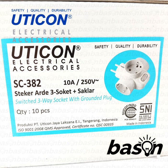 UTICON SC382 Steker 3 Lubang Arde + Saklar