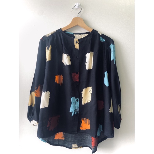 Blouse Wanita Motif Bunga Lengan Panjang Kerut Kancing Depan-Variasi 15