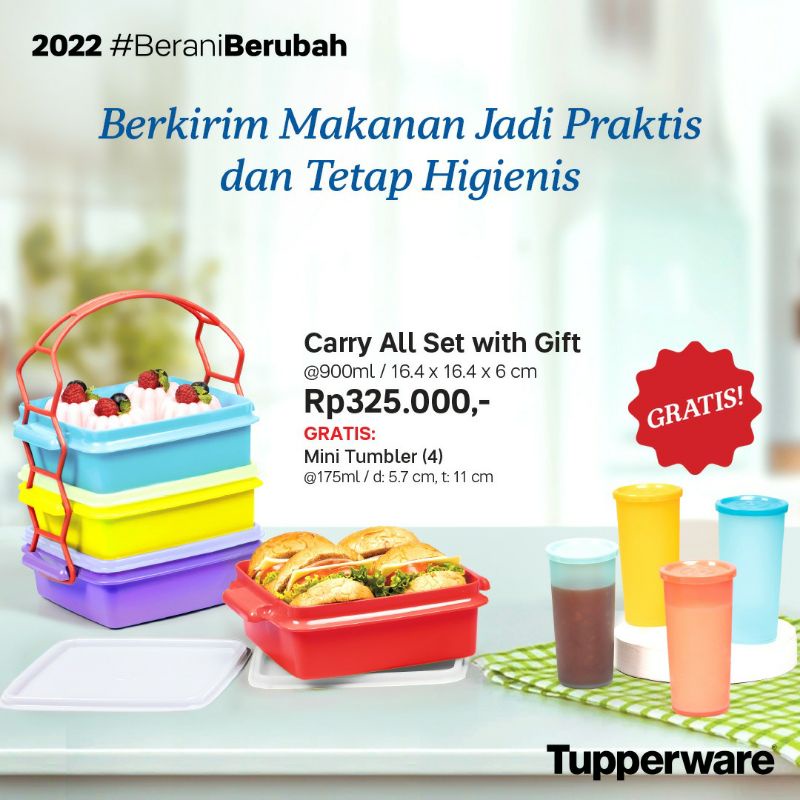 TERBARU BIG SALE  TUPPERWARE CERRY ALL SET DGN GIFT - RANTANG SUSUN BERHADIAH TUMBLER  4 PCS - TEMPA