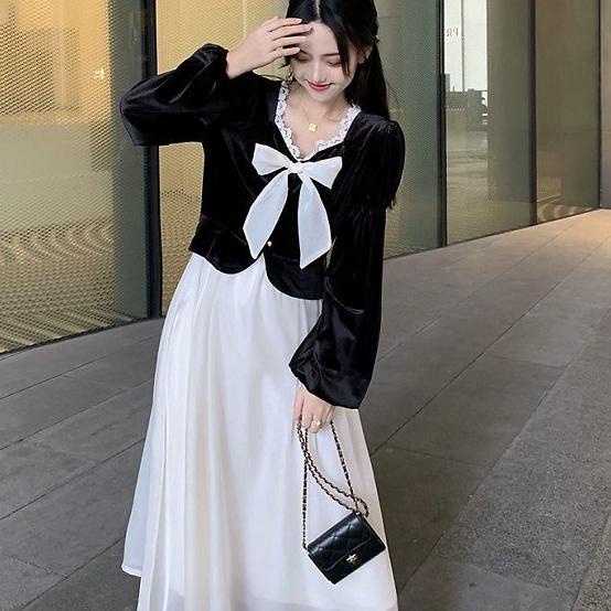Special Price Baru Perancis Hepburn Dress Retro Temperamen Beludru Palsu Rok Dua Potong