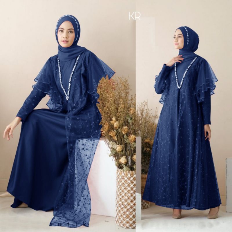 Baju Pesta Wanita Muslim Kondangan Brukat Mewah Elegan Gaun Muslimah Terbaru 2021 2022 tunangan kekinian lebaran Bahan Brokat corneli kombi ukuran XL