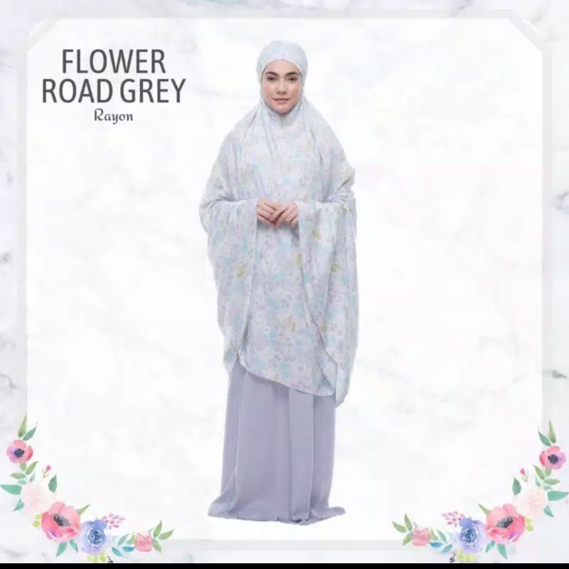Mukena Tazbiya FLOWER ROAD GREY Katun Rayon Premium Termurah