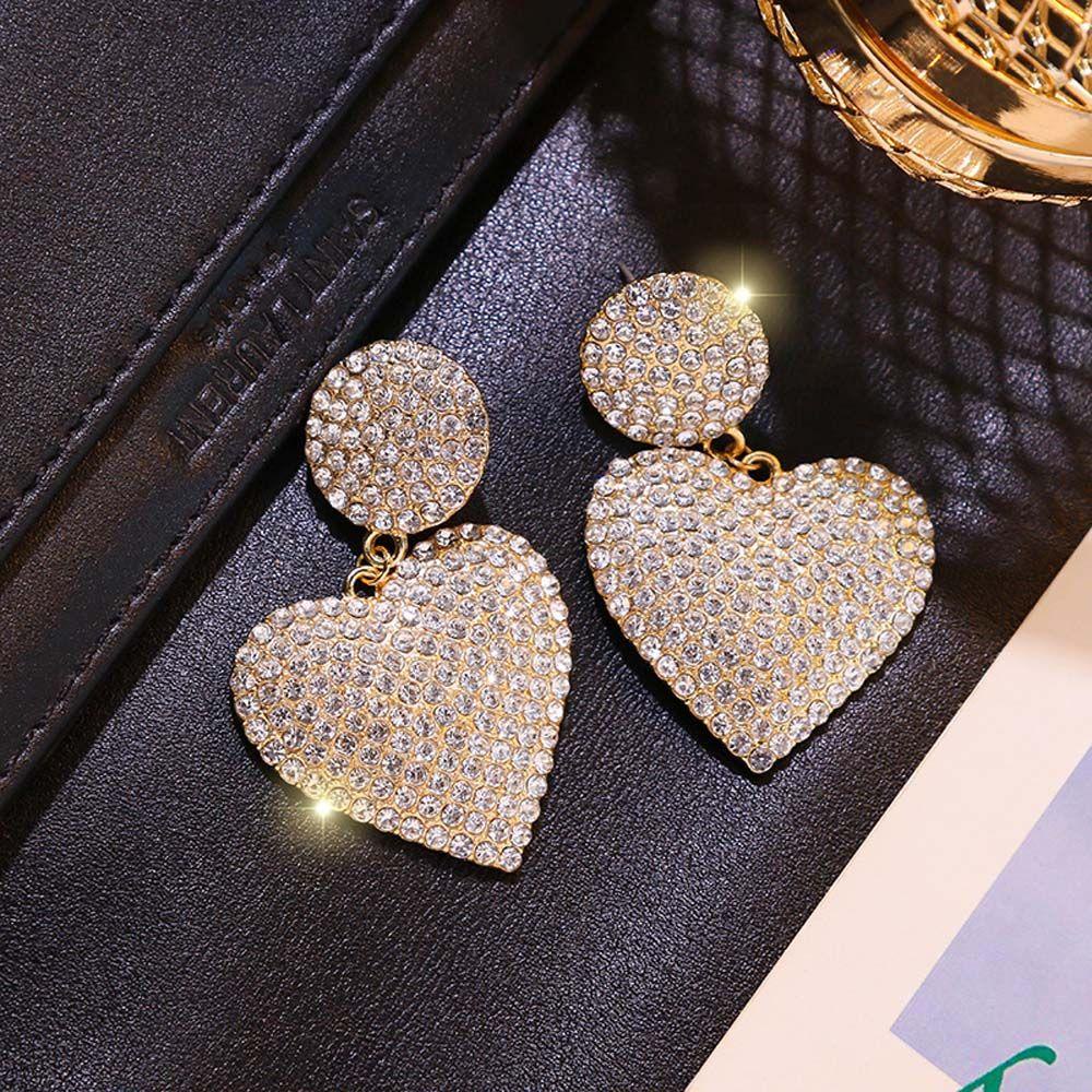 Needway   Stud Earrings Elegan Shiny Temperamen Aksesoris Cinta Hati Penuh Berlian Imitasi Shiny Crystal Menjuntai Earring