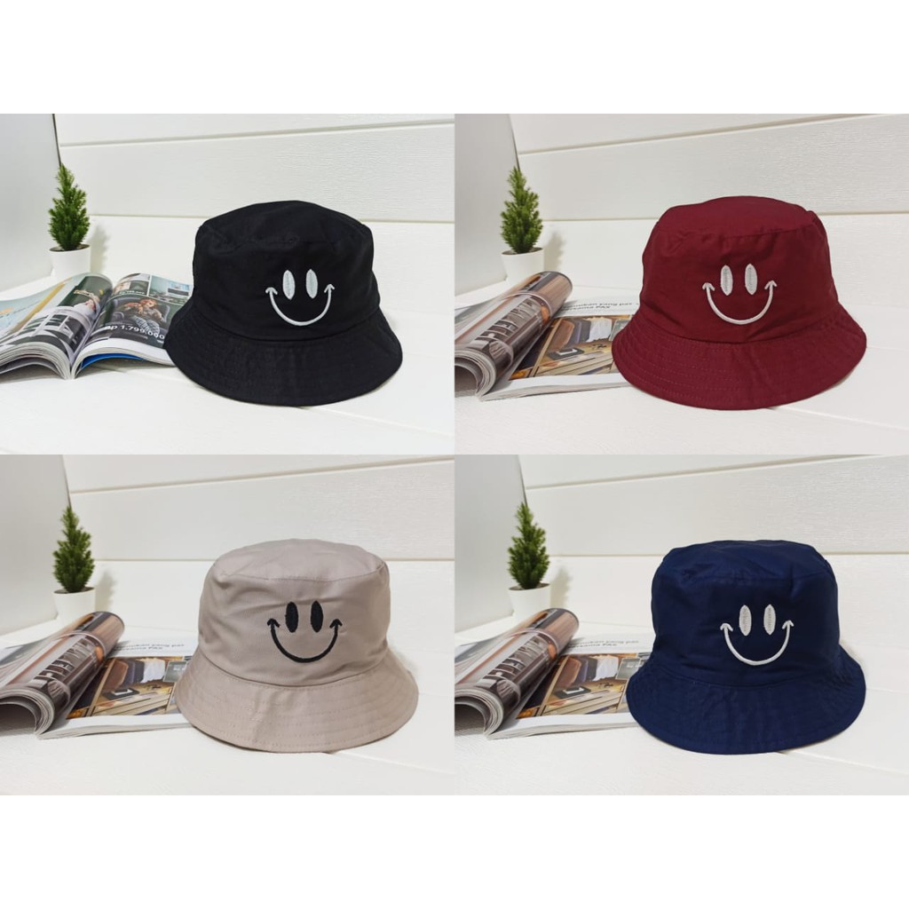 Topi Bucket Bordir Smile Senyum Emot Emoticon Emoji Buckethat