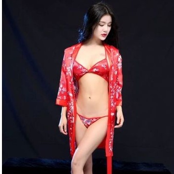 Set Kimono + G String + Bra Bahan Satin Jepang Motif Sakura Merah