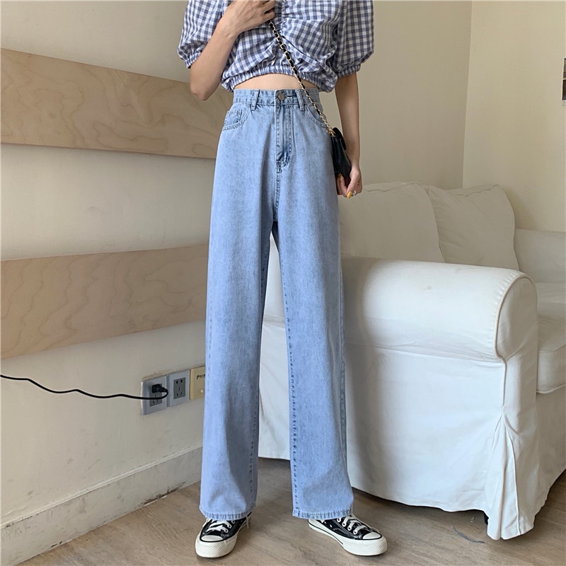 Jeans Wanita Loose High Waist Celana jins Korean Style Straight Pants