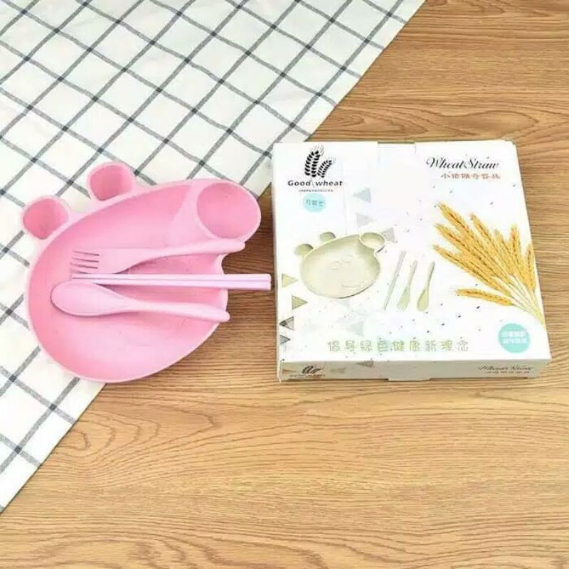 PMP105 Piring Makan Peppa Anak Set, Piring Garpu Sendok Sumpit Bahan Wheat Kuat Termasuk DUS