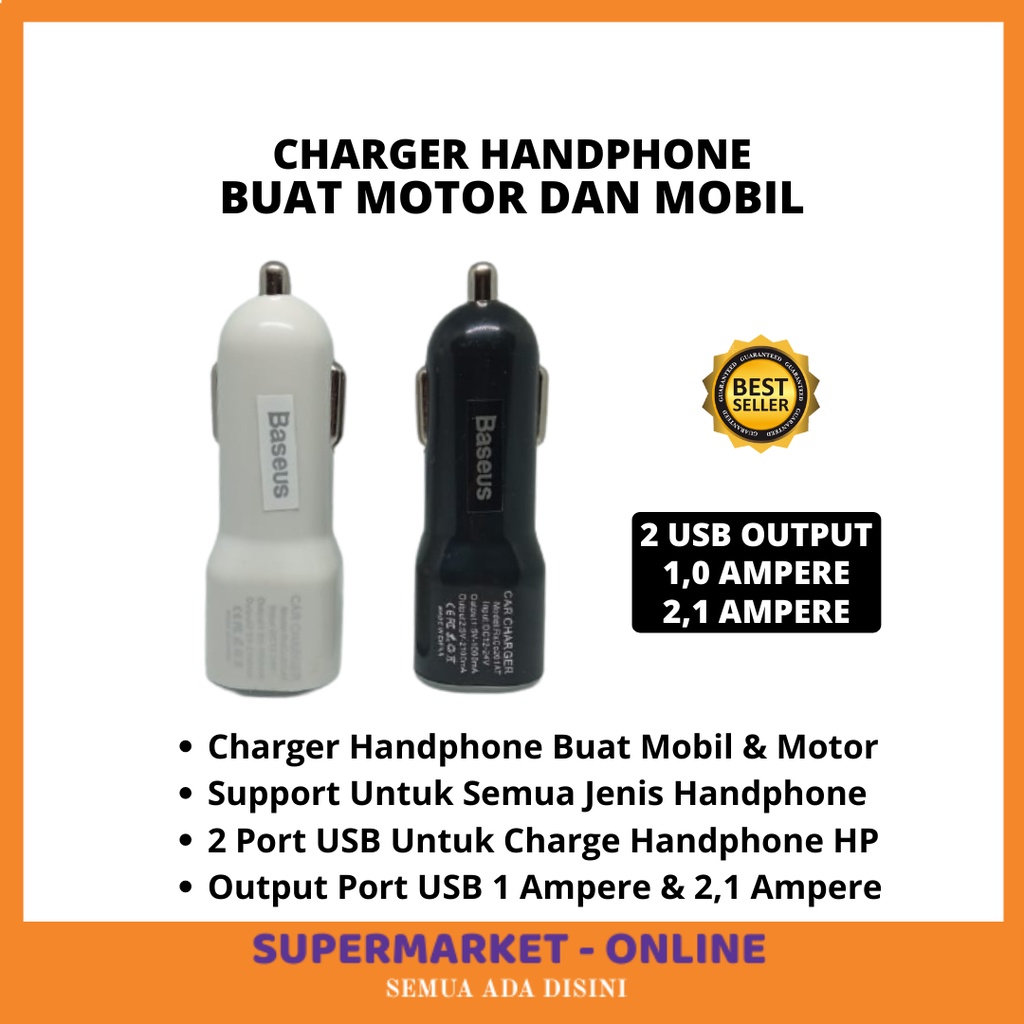 TERLARIS Car Charger Adapter Cas HP Handphone Mobil Sepeda Motor 2 Output USB Buat Dipasang Mobil Se