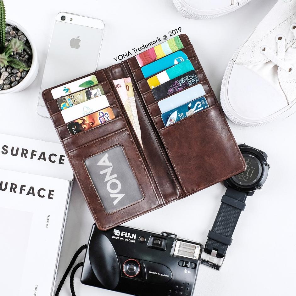 VONA Dompet Pria Panjang Kulit Pu / Dompet Pria Keren - Black Tan Coffee Navy - LASER