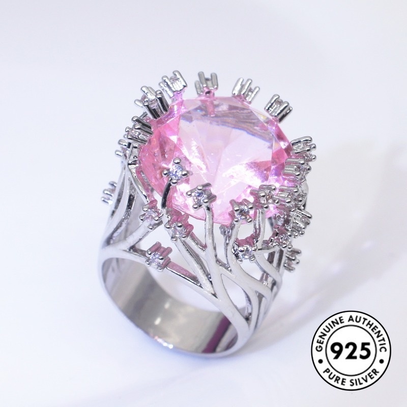 Cincin Sterling Silver 925 Dengan Kristal Warna Pink Untuk Wanita