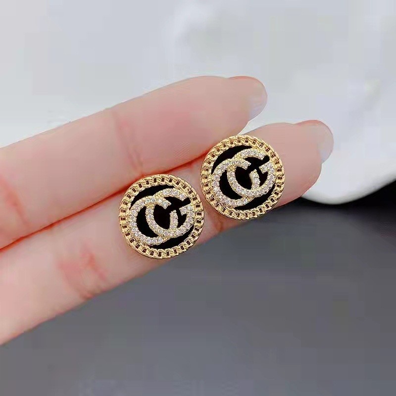 Anting sterling silver Bentuk Bulat Kecil Desain Huruf G Aksen Berlian Gaya Eropa Amerika