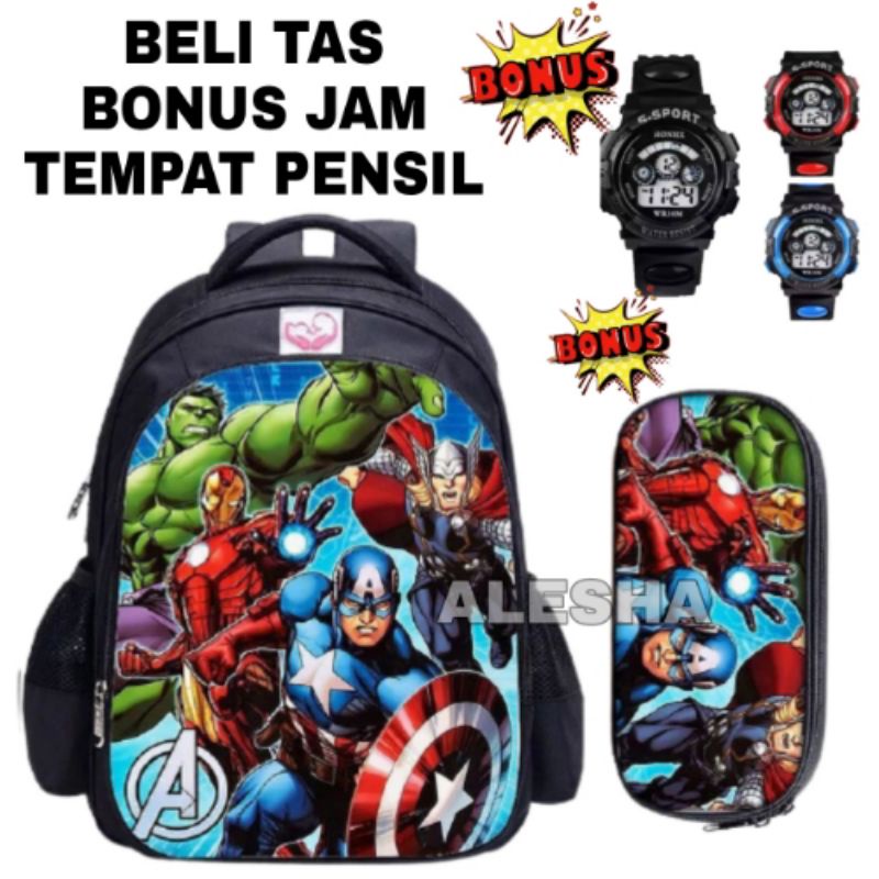 Tas Ransel Fashion Sekolah Anak Laki Laki PAUD TK SD Marvel Super Hero Freeee fireee Batmn Bonus Jam Tangan