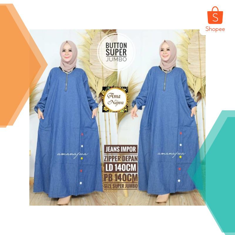 2 Murah [SUPER JUMBO SIZE LD140] Promo Gamis Syari Jeans Wash HQ Best Seller Termurah Busui Zipper