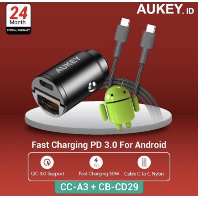 +%+%+%] Aukey Car Charger CC-A3 - 500787 + Aukey Kabel CB-CD29 - 500430