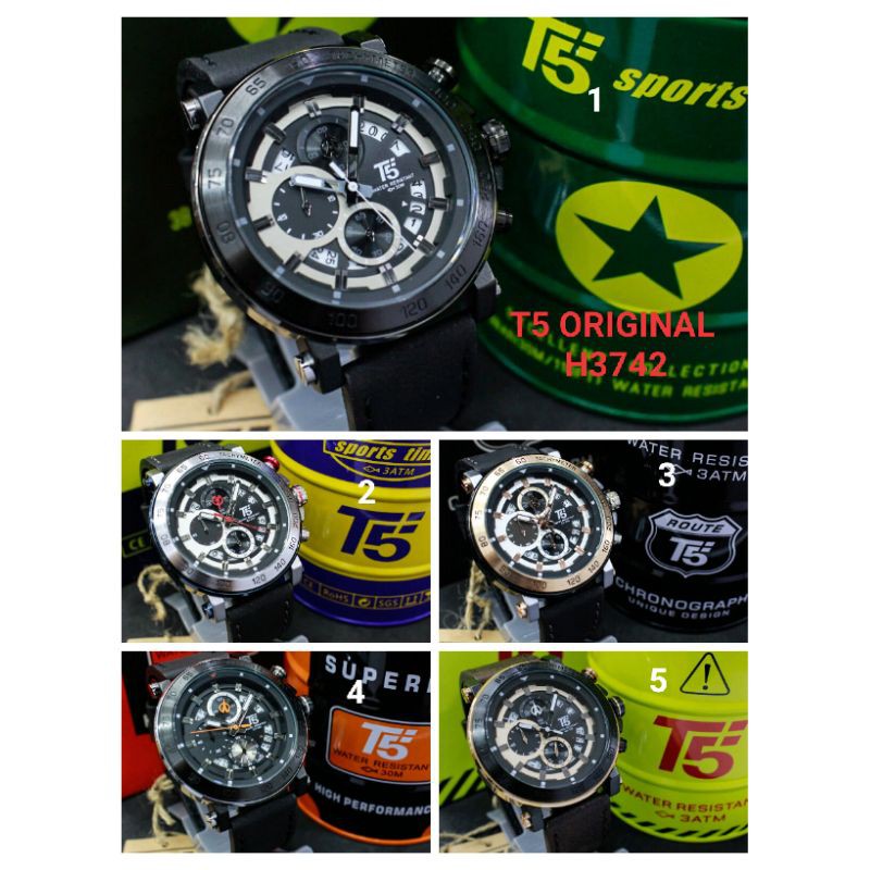 Jam Tangan Pria T5 H 3742G Original Tali Kulit Chrono Aktif Include Box Kaleng