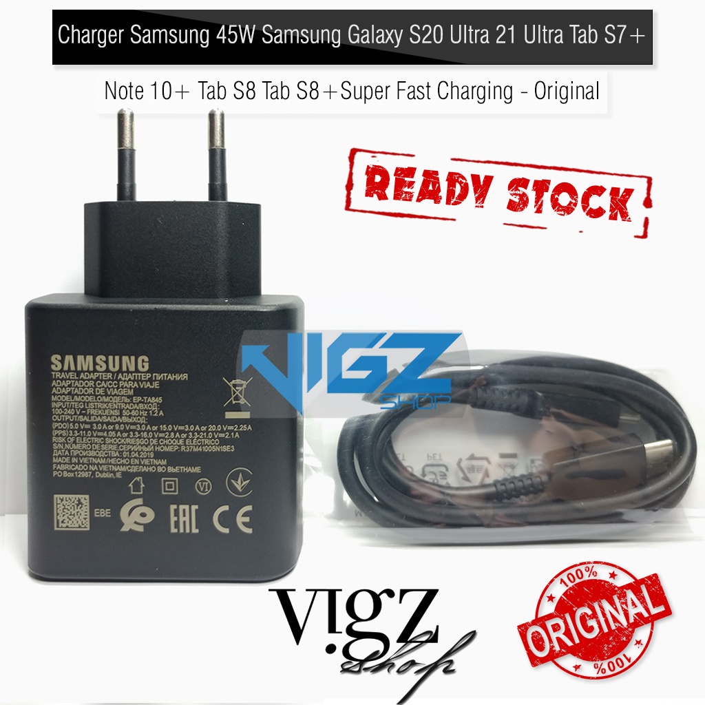 Charger Samsung 45W Samsung Galaxy S23 Ultra S23+ Tab S8 Tab S8+ Tab S9 Ultra Tab S9 Plus Tab S9 Original 100% S22 Ultra S22+ S20 Ultra Tab S7+ S10 Lite Note 10 Plus Super Fast Charging Original 100%