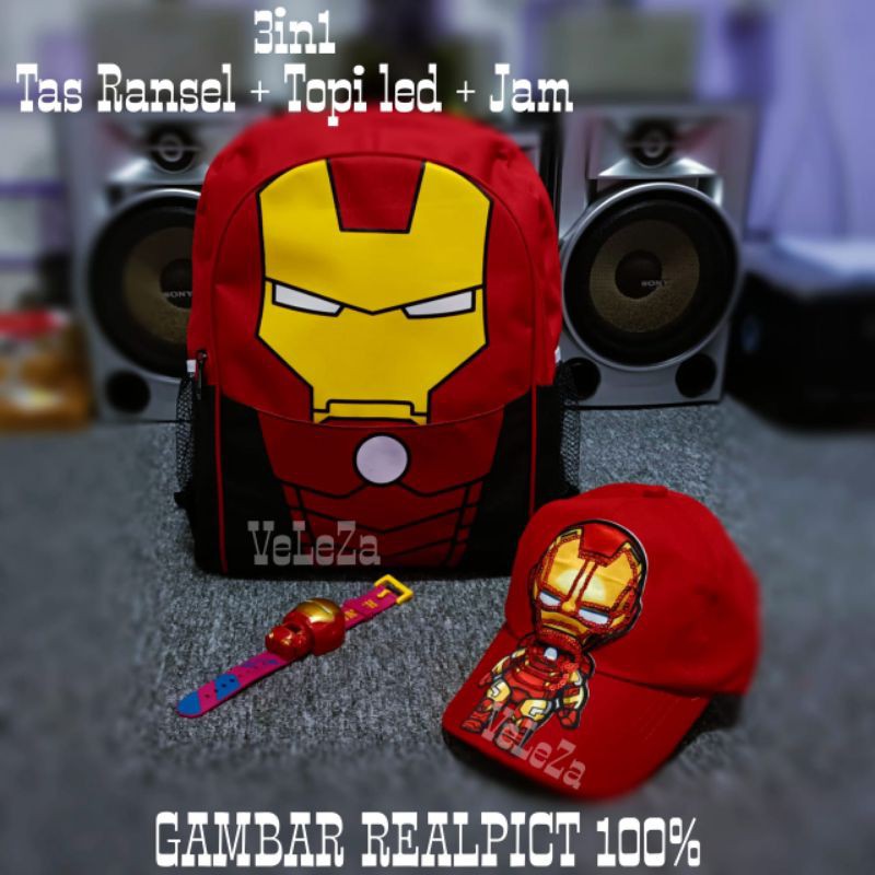 Tas anak karakter iron man gratis topi led + jam - tas ransel anak