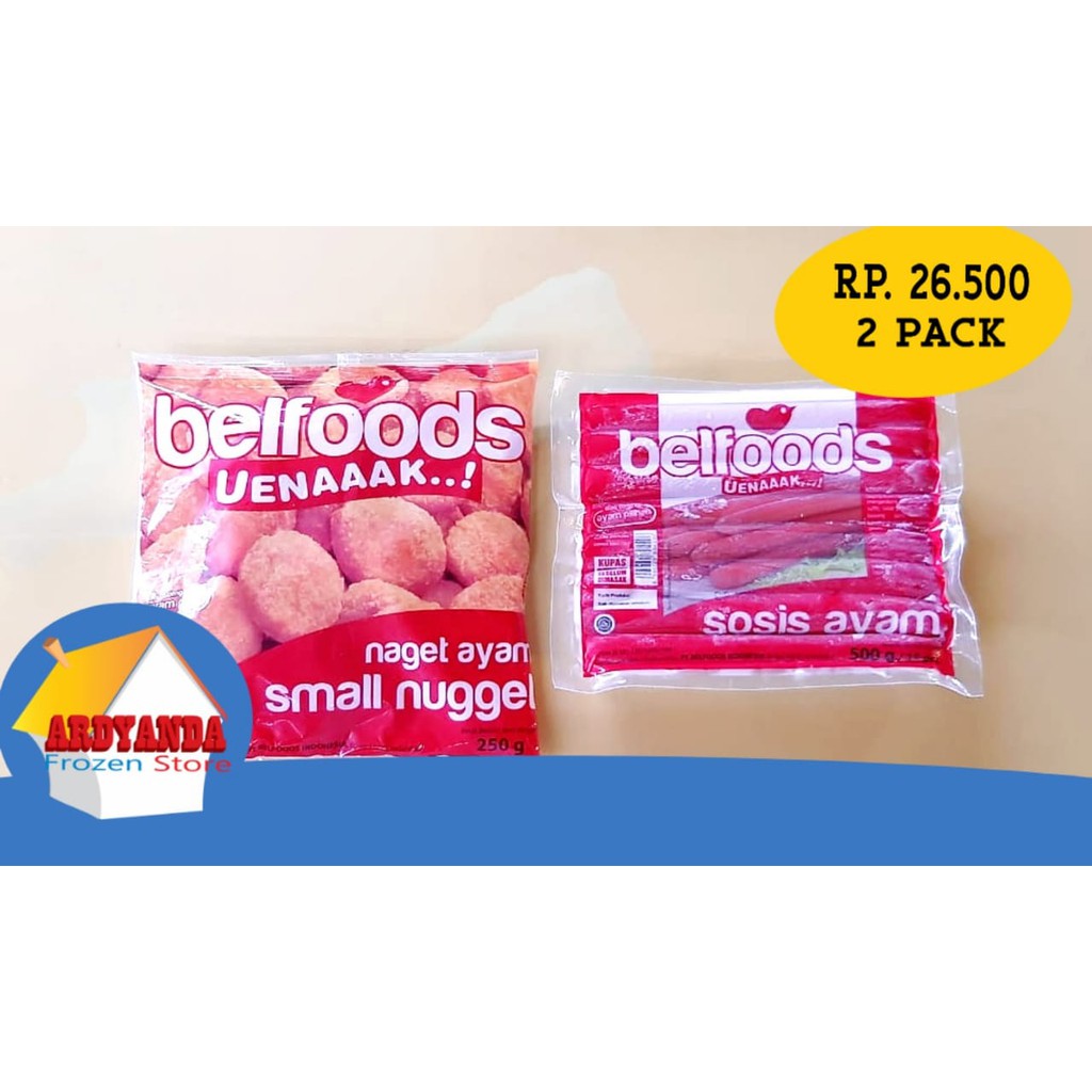 

PAKET 3 PROMO HEMAT BELFOODS NUGGET SMALL 250 GR SOSI AYAM UENAAAAK 500 GR